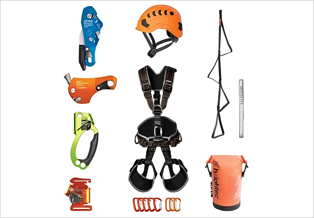 Assorted climbing equipment laid out
