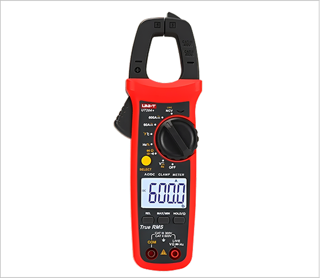Red digital multimeter on black background